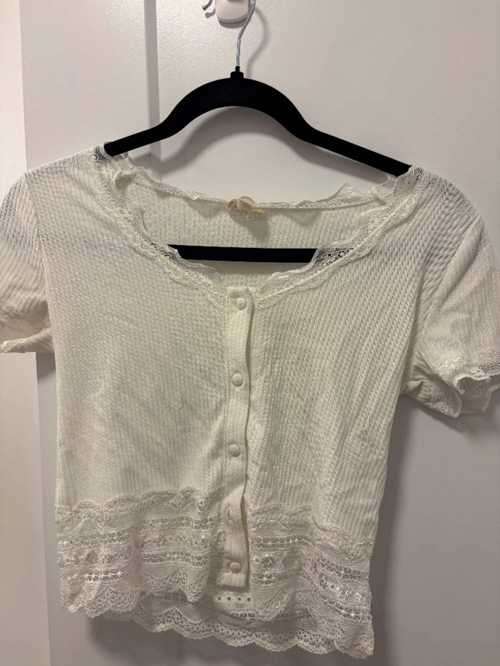 Caution to the Wind White Lace Trimmed Button-Up Top